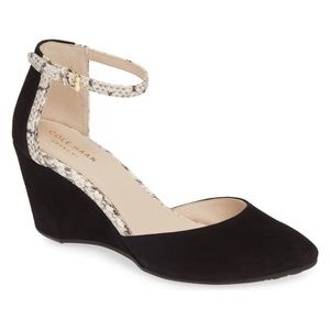 Cole Haan Lara Black Suede Snake Trim Wedge Heels